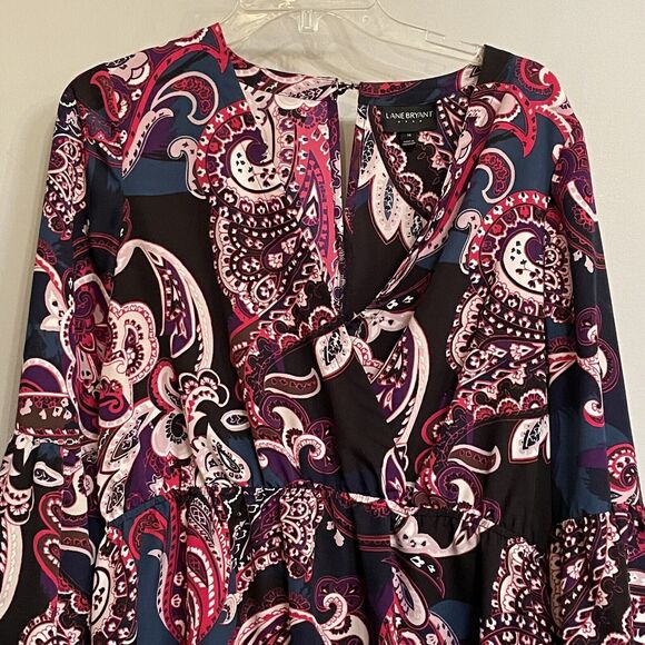 Lane Bryant Top Multicolor Paisley Print Long Bell Sleeve Wrap Blouse sz 14‎ EUC - Picture 2 of 15